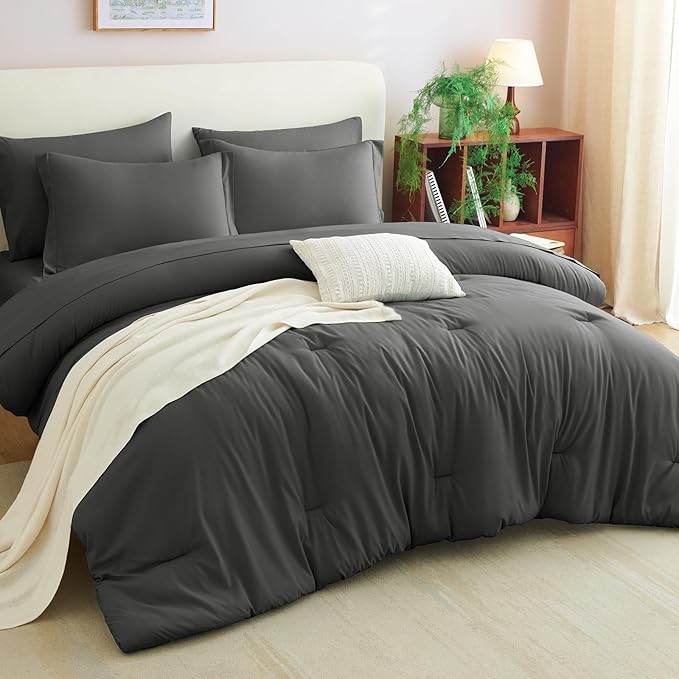 CozyLux King Size Comforter Set Dark Grey, 7 Pieces Bed in a Bag King Comforter Set with Sheets, Dark Gray Luxury Soft Bedding Sets with Down Alternative Comforter, Sheets, Pillowcases & Shams