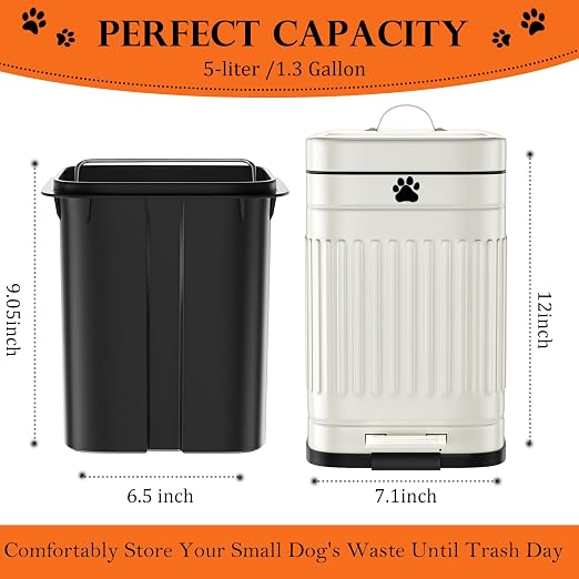 Dog Poop Trash Can Outside, 5L/1.3Gal Metal Dog Waste Trash Can with Lid, Foot Pedal, Pet Waste Container with 40 Bags, Poop Bucket with Lid Soft Close for Pet, White - Image 2