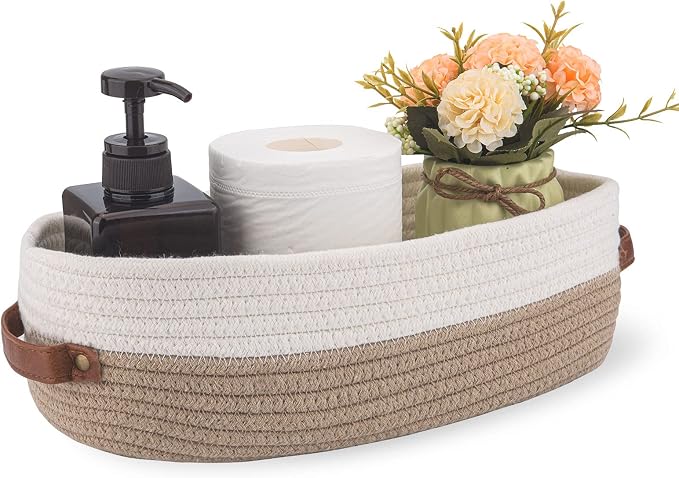 Cotton Rope Bathroom Decor Basket,Toilet Paper Holder Basket,Farmhouse Home Decor Organizing Baskets 13"x5.9"x4" Brown Stitching White - Image 3