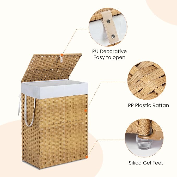 DUMOS Woven Laundry Basket with Lid, 90L Large Capacity Hamper, Removable & Machine-Washable Liner, Foldable Rattan Clothes Hamper, Sturdy Steel Frame, Odor Control, Goose Yellow - Image 7