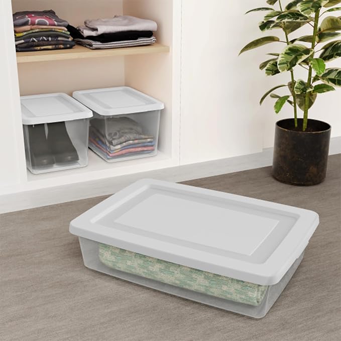 Sterilite 12 Pack Storage Boxes, Clear Plastic Stackable Containers, Lightweight Home Organizers with Snap Lids, 20 Quart, White - Image 6