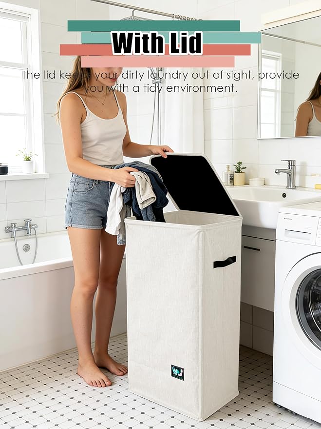 WTREE Laundry Hamper with Lid, Reinforced Sturdy Clothes Hamper with Anti-Puncture Base, Large Collapsible Laundry Basket with Removable Liner Bag, Tall Dirty Clothes Bin for Family, 100L Cream - Image 2