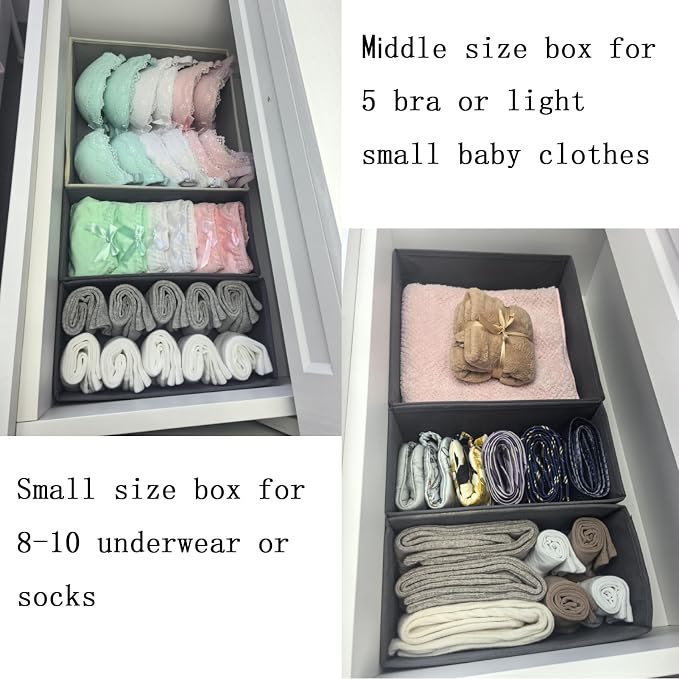 Bructhun Drawer Organizer Set of 4 Light Grey - Fabric Storage Bins for Clothes, Underwear, Socks & Bras - 11" Dresser Dividers for Bedroom Closet - Image 3