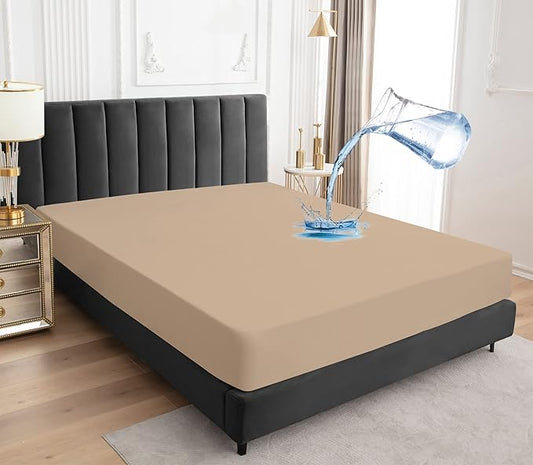 Sufdari Cal King Mattress Protector,Waterproof Mattress Protector,Fitted Sheet Style Mattress Cover with 18" Deep Pocket,Washable and Comfortable-Light Tan,California King
