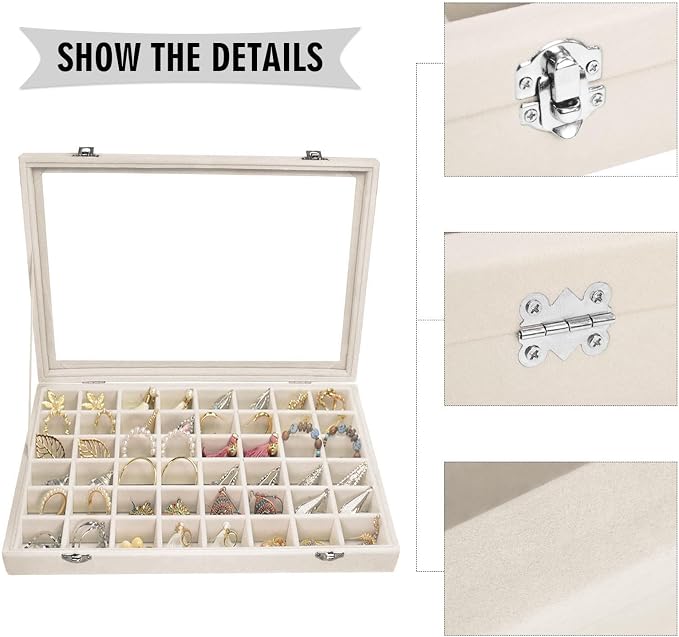 Siveit Velvet Jewelry Tray 48 Grid Jewelry Display Tray Organizer Box with Transparent Lid Rings Earrings Necklaces Pendants Display Box Suitable for Women and Girls (Beige) - Image 4
