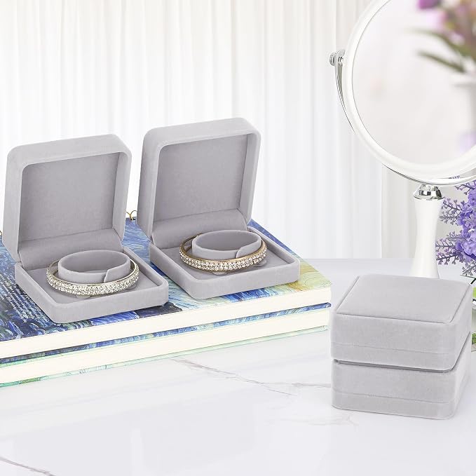 LETURE 4 Pieces Classic Velvet Bracelet Bangle Pendant Necklace Gift Box, Travel Jewelry Box Display Storage Case for Gift, Wedding, Engagement, Proposal, Birthday (4PCS Bracelet-GREY) - Image 4