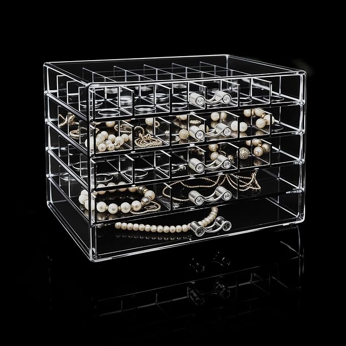 Clear Jewelry Box, Jewelry Organizer with 5 Drawers, 5-Layer Acrylic Storage Box for Women, Earring Display Holder for Earrings Ring Bracelet Necklace 79 Grid Compartment Earring Organizer - Image 6