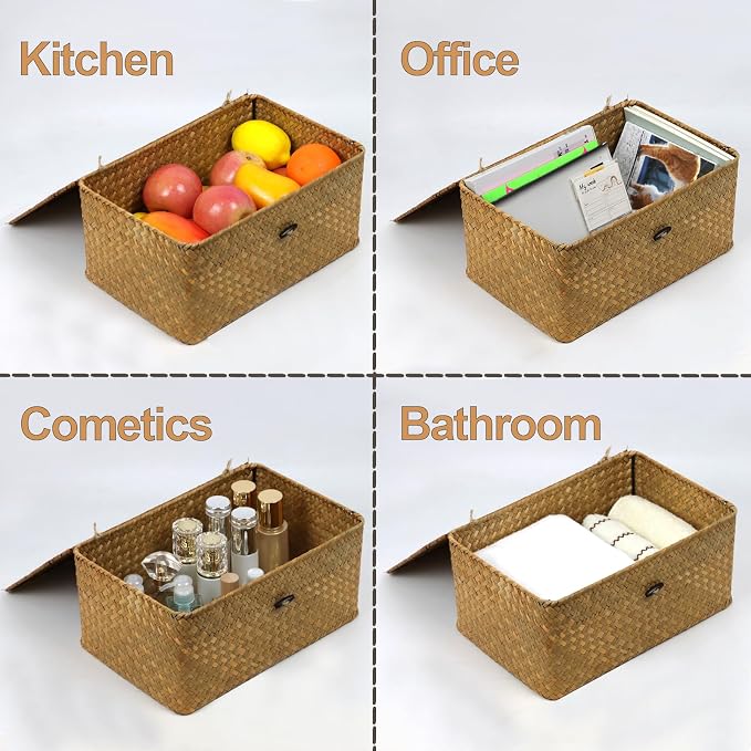 Wicker Storage Basket with Lid, Natural Seagrass Woven Shelf Basket for Storage, Rectangular Decorative Storage Bins Boxes Home Organizer Decor (Natural, Medium) - Image 2