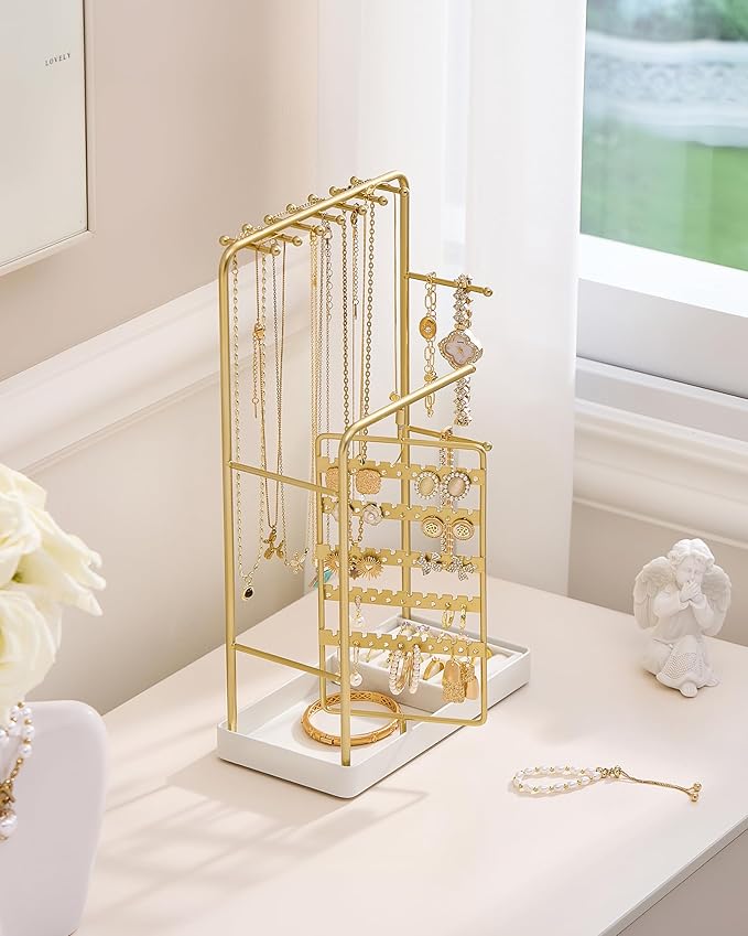 ProCase Jewelry Stand Holder Organizer, Jewelry Display Storage with Ring Tray, Rotating Earring Bracelet Necklace Holder, Valentine's Gifts Room Dorm Decor for Teen Girls -Gold (No-Assembly) - Image 5
