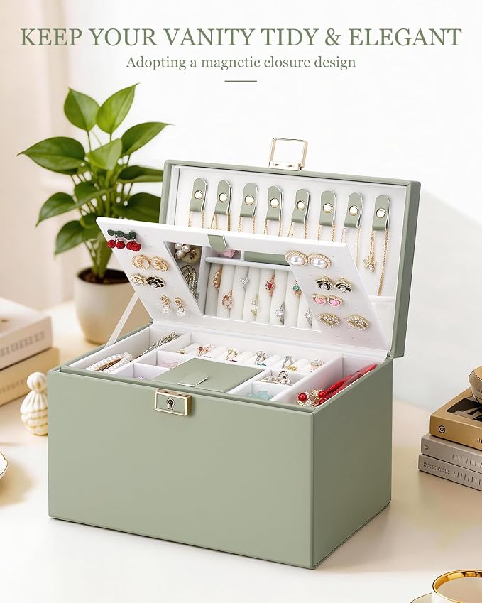 DesignSter Jewelry Box for Women Girl, 3-layer Lockable Jewelry Organizer with Mirror, Large Leather Jewelry Case for Earring Necklace Ring Bracelet Watch - Image 6