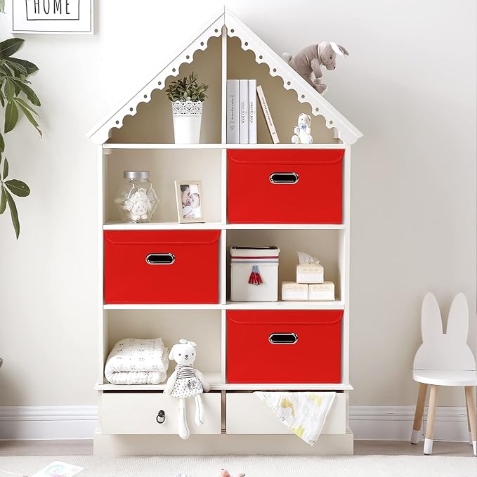 STOREONE Fabric Storage Cube Bins Foldable Organizer Container Collapsible Basket with Lids and Metal Handles, for Home, Bedroom, Closet 8 Pcs (Red) - Image 4