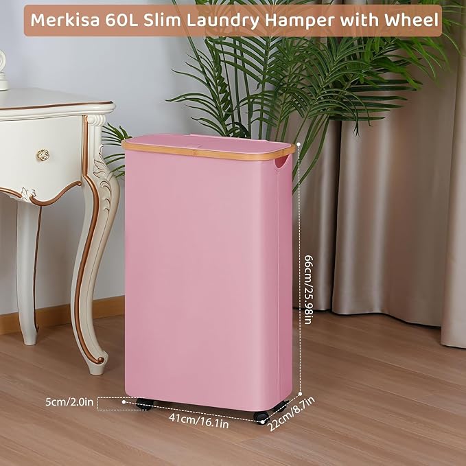 Slim Laundry Basket with Wheels,Narrow Hampers for Laundry,Freestanding Laundry Hamper with Lid&Bamboo Handles,Collapsible & Waterproof Tall Cloth Hamper for Dorm Family(60L Pink) - Image 6