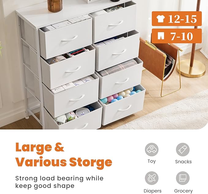 Sweetcrispy Dresser for Bedroom, Chest Organizer Unit with 8 Fabric Bins, Fabric Storage Tower, Drawer Organizer with Steel Frame, Wooden Top for Living Room, Closet