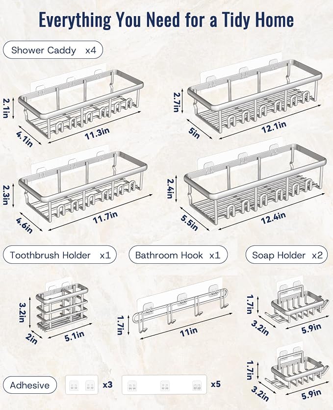 8 Pack Adhesive Rustproof Shower Shelves with Soap Dishes, Toothbrush Holder & Hooks, Large Capacity No-Drilling Shower Shelves Rack for Bathroom Organizers and Storage Accessories, Silver - Image 8