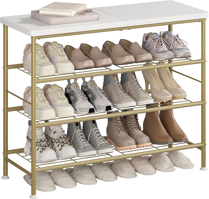 SUOERNUO Shoe Rack Organizer 4 Tier for Closet Entryway Free Standing Metal Storage Shoe Shelf with MDF Top Board，Gold by SUOERNUO