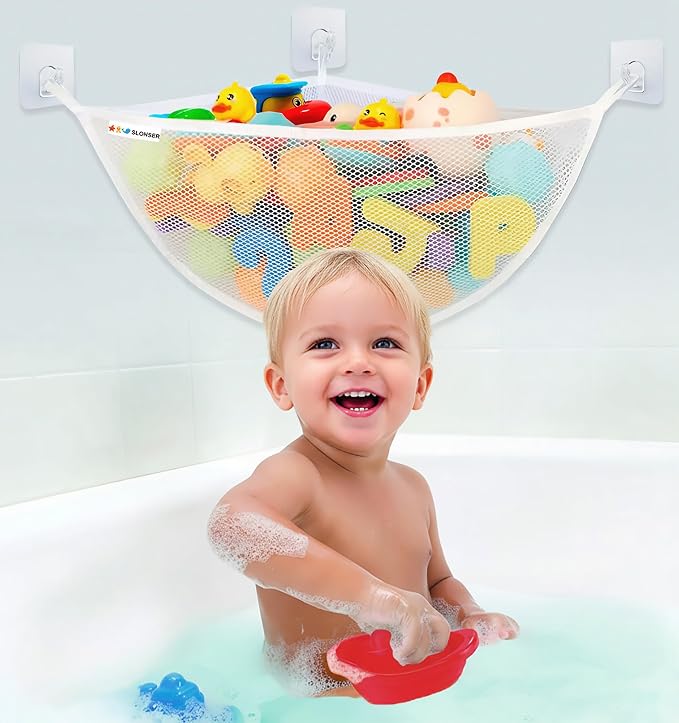 Bath Toy Storage Organizer for Bathtub – Large Mesh Bath Toy Holder & Bath Toy Net, Corner Bathtub Toy Storage with 3 Strong Suction Cups, 3 Adhesive Hooks, Quick-Dry Toy Holder for Tub & Shower by slonser
