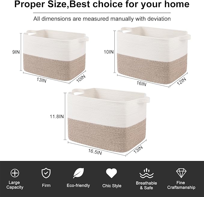 OIAHOMY Woven Storage Basket for Shelves, Rectangle Cotton Rope Baskets for Organizing, 16.5 x 13 x 11.8 in, Storage Bins for Dog Toys,Towel,Books,Gift,Brown and White - Image 2