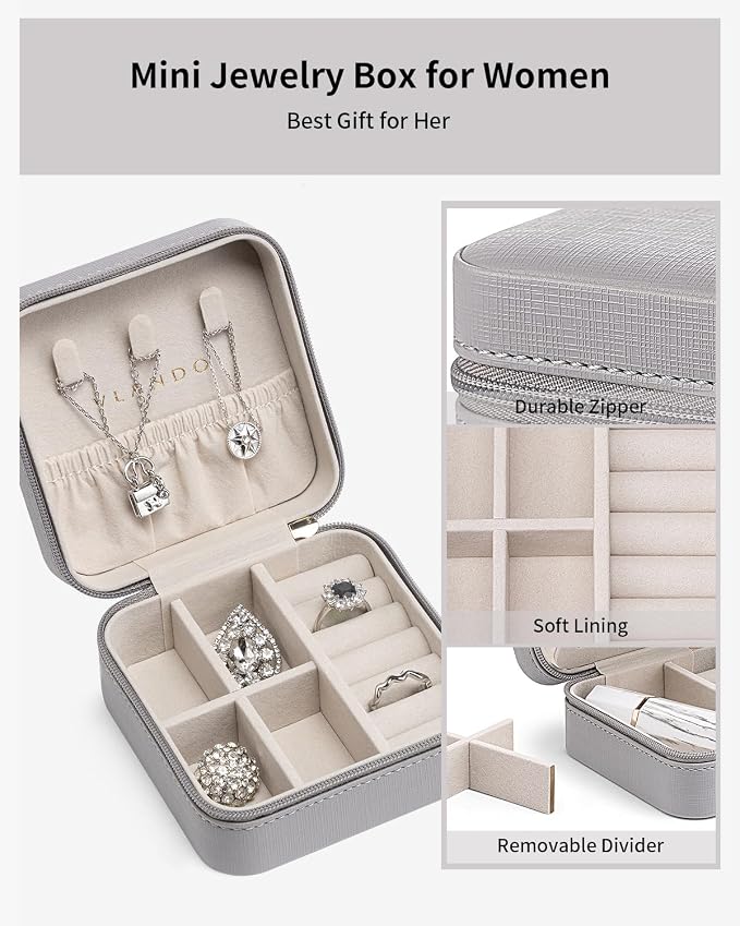 VLANDO Travel Jewelry Box, Small Jewelry Travel Organizer Case for Girls Women - Grey - Image 5