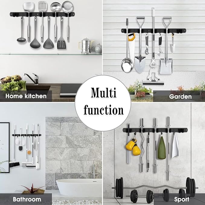 Black 5 Racks and 4 Hooks Mop and Broom Holder Wall Mount, Broom Organizer Storage Tool Racks Stainless Steel Heavy Duty Hooks Self Adhesive Solid Non-slip for Home Kitchen Garden Laundry Garage - Image 6