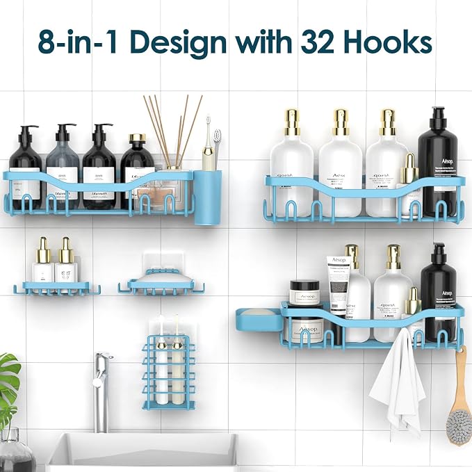 NESOMI Shower Caddy Adhesive Shower Organizer 8-Pack, Rustproof Stainless Steel Bathroom Shelves, Large Capacity No-Drill Rack Storage Accessories with Soap Dish Toothbrush Holder Hooks - Image 4
