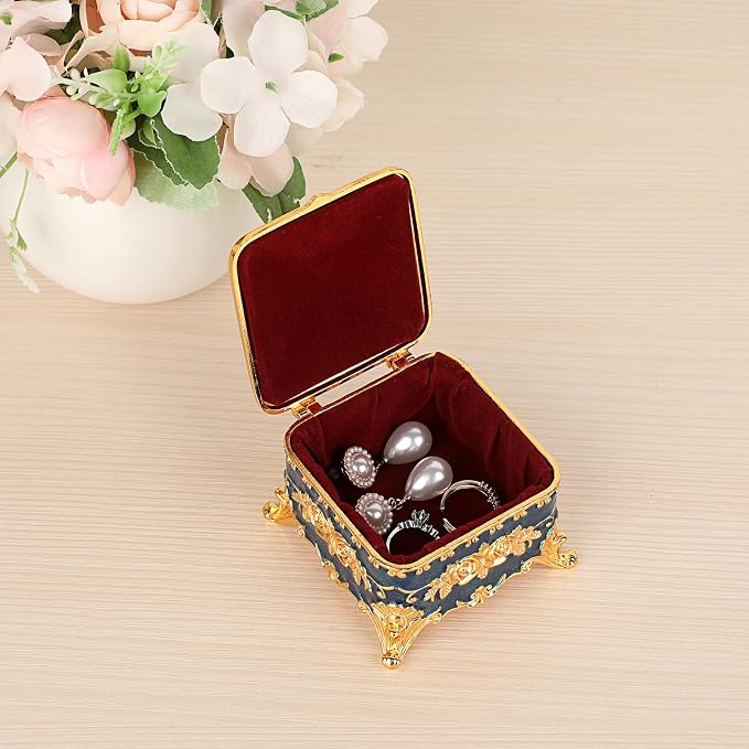 Hipiwe Vintage Metal Jewelry Box - Small Trinket Organizer Ring Box Case with Rose Pattern, Jewelry Storage Box for Ring Earrings Necklace, Keepsake Box for Women, 3"x3"x2.4" - Image 4