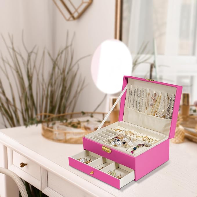 2-Layer Jewelry Box for women, jewelry organizers and storage with Removable Jewelry Tray, vintage quilted top Lockable Jewelry Holder Gift Idea Rose Red - Image 7