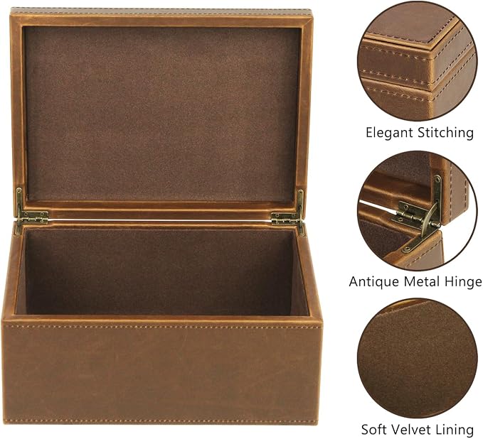 HofferRuffer Faux Leather Decorative Box, Large Wooden Structure Keepsake Box Accessory Organizer Jewelry Organizer with Hinged Lid, Storage Container for Home or Office (Brown) - Image 3