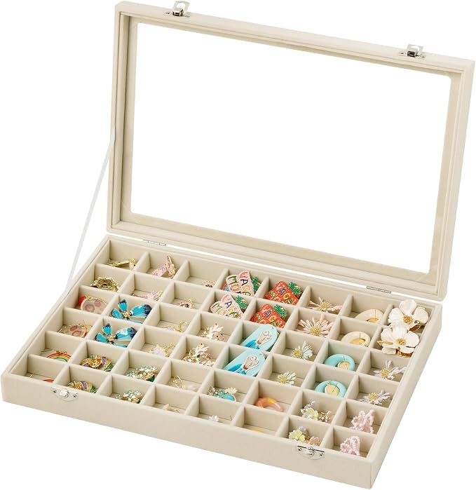 Frebeauty 48 Grid Jewelry Tray,Adjustable Earring Holder Organizer with Glass Lid,Velvet Drawer Jewelry Organizer for Rings,Studs,13.8 x 9.5 x 2 Inches Jewelry Display Box,Gift for Women(Beige) by Frebeauty
