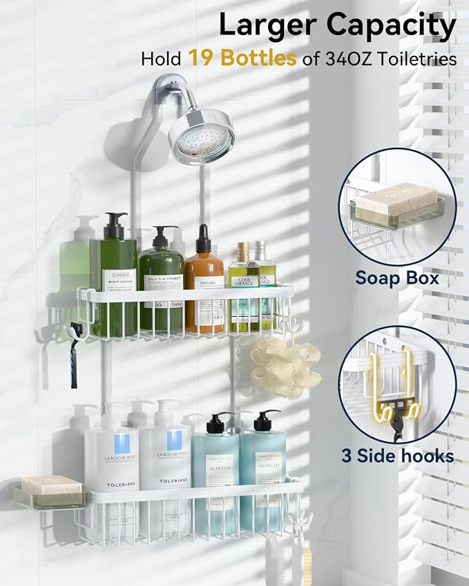 YASONIC Shower Caddy Hanging, Never Rust Shower Organizer Hanging, Aluminum Shower Racks for Inside Shower with Hooks for Razor, Bathroom Organizers and Storage with Soap Holder, White - Image 3