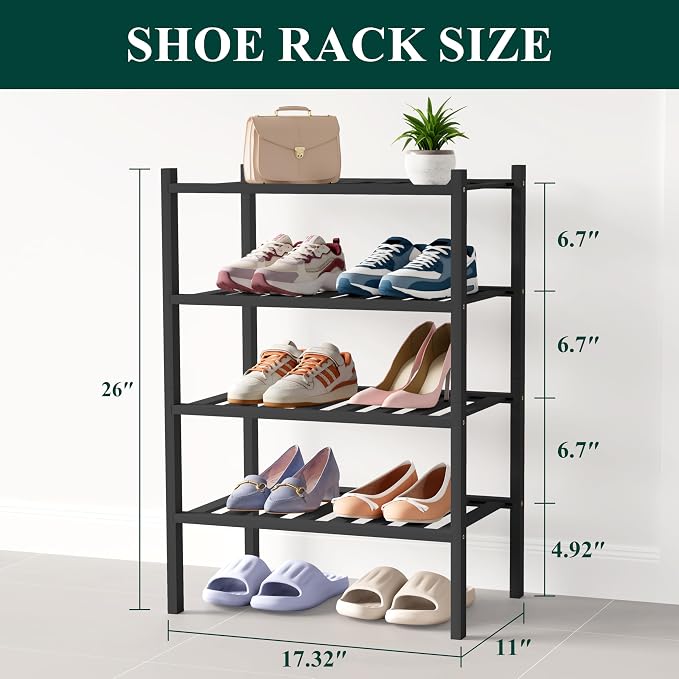 Smiry Bamboo Shoe Rack for Closet, 4 Tier Small Wooden Stackable Shoe Organizer, Free Standing Shoes Storage Shelf for Entryway, Front Door Entrance, Black - Image 2