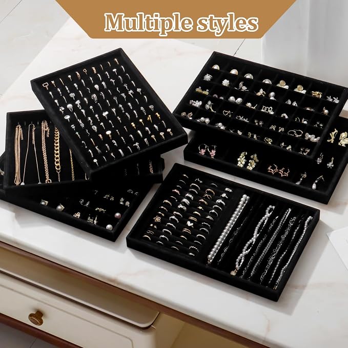 Large Velvet Jewelry Tray 2 Pack Stackable Jewelry Display Drawer Inserts Trays Organizer for Earring Bracelet Necklace Ring (Black, 24 Grids) - Image 7