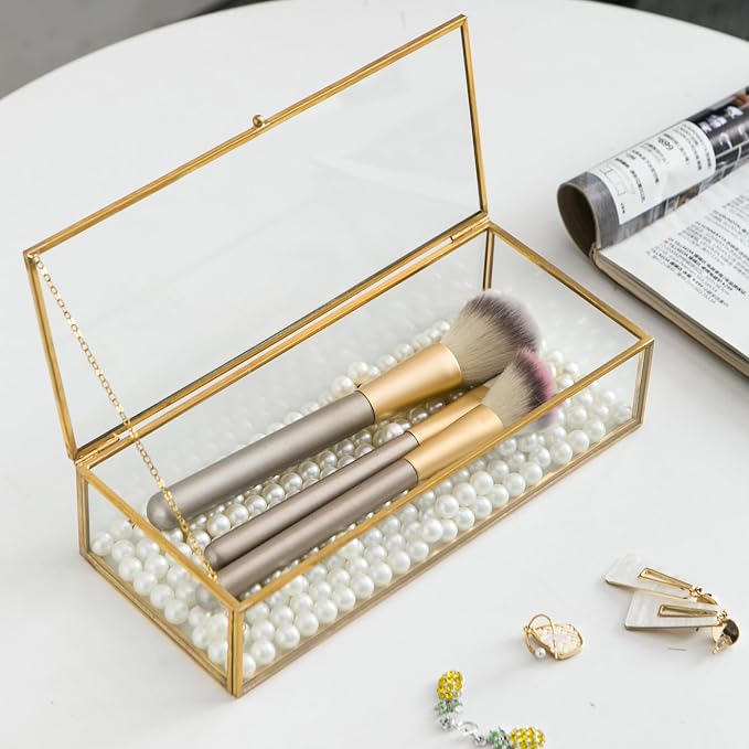 Glass Jewelry Box, Vintage Rectangle Gold Keepsake Box Organizer Box Vanity Lidded Box Home Decor Accent Decorative Box for Storage Trinket Rings Bracelet - Image 2
