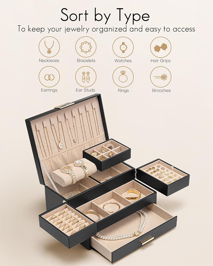 Vlando 3 Layer Jewelry Box - Women Jewelry Box with Retractable Tray - Jewelry Organizers with Drawer for Necklaces, Rings, Bracelets, Earrings, Gift for Couples Mom Girls - Black - Image 3
