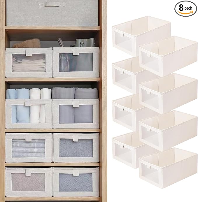 Linen Closet Organizers And Storage, 8 Pack Closet Storage Bins Linen Closet Baskets for Closet Organization Foldable Closet Organizer Bins with Clear Window For Organizing Clothing, Jeans, Shelves by Pradnel