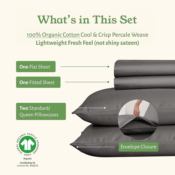 California Design Den Queen Size Sheets - Soft 100% 100% Organic Cotton Sheets with Deep Pockets, Crisp Percale, Breathable and Durable Bedding Set - Grey