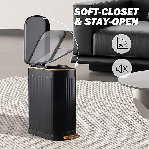 SYNCVIBE Slim Bathroom Trash Can with Lid Stainless Steel Garbage Can Soft Close Step Trash Bin with Removable Inner Bucket for Bedroom, Office, Kitchen (Matt Black, 3.5 Gallons) - Image 5