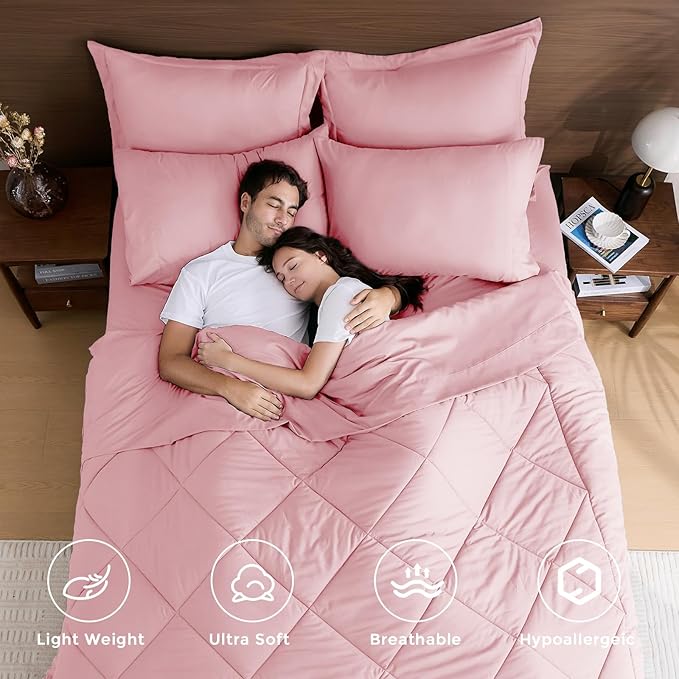 HEVUMYI Pink Twin-XL Comforter Set - 5-Piece All Season Bed in a Bag Twin-XL, Ultra Soft Bedding Set with Comforter, Flat Sheet, Fitted Sheet, Pillowcases, Pillow Shams, Pink