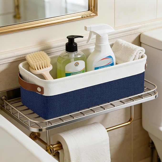 Bagnizer Small Fabric Storage Baskets, 15x6x5 inch Narrow Storage Bins 4-Pack Long Storage Basket for Organizing with Handles, Decorative Basket for Closets, Shelves, Toilet Paper, Navyblue - Image 3