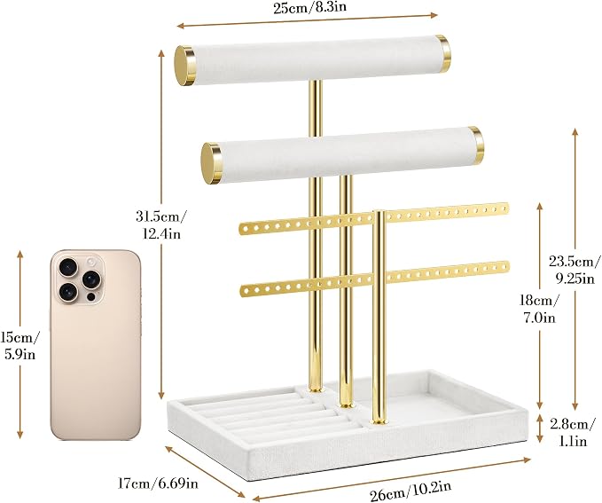 bussdis 3 Tier Bracelet Holder Display - Detachable T Bar White Velvet Bracelet Holder, Jewelry Holder Organizer for Bracelet, Necklace, Earrings, Rings - Image 9