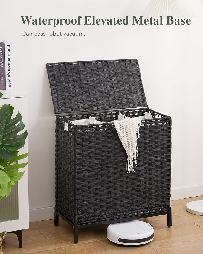 SETVSON Laundry Hamper with Lid 132 L, (35 Gallons) Clothes Hamper with Lid, Handwoven Rattan Laundry Hamper with Metal Heightened Feet, Laundry Hampers with 3 Removable Liner Bags for Laundry-Black - Image 2
