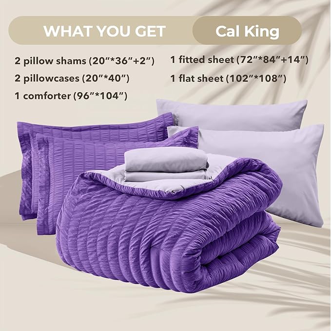 HYMOKEGE Dark Purple/Lavender California King Comforter Set Seersucker 7 Pieces, All Season Luxury Bed in a Bag for Bedroom, Bedding Set with Comforter, Sheets, Pillowcases & Shams