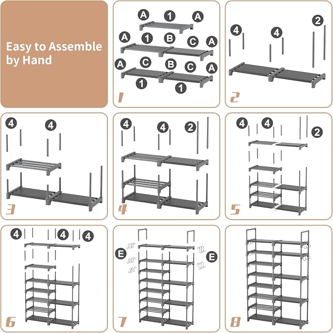 ROJASOP Shoe Rack, Shoe Storage Organizer for Closet Entryway Garage Bedroom, 8 Tier Tall Metal Shoe Shelf for 26-32 Pairs Boots & Shoes, Adjustable Shoe Stand for Small Space - Image 8