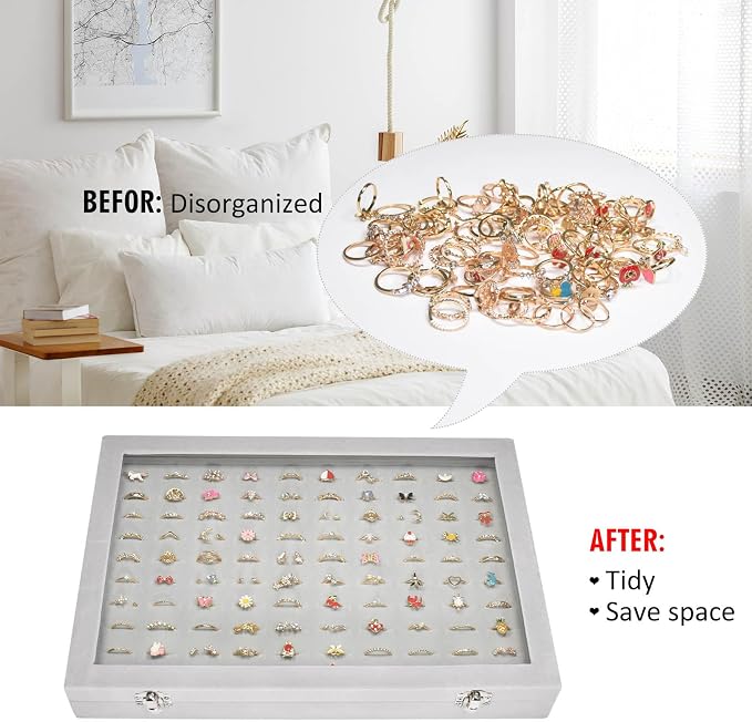 Vicoter Rings Organizer Tray 100 Slot Velvet Ring Earring Storage Box TranSparent Cover Jewelry Store Ring Display Box Jewelry Display Cabinet for Girl Wife Mother - Image 5