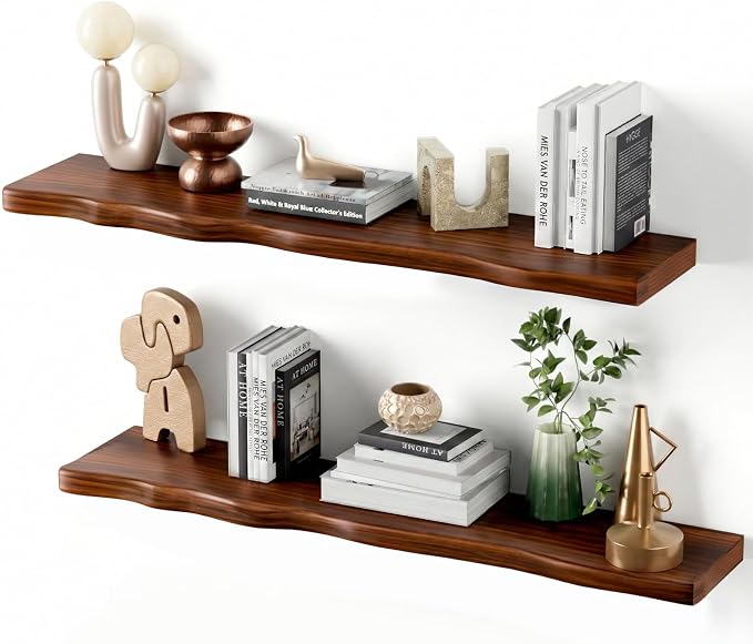 Floating Shelves for Wall Rustic Farmhouse 36 Inch Floating Shelf Bathroom Wooden Shelves for Wall Mounted Live Edge Pine Shelf with Unique Natural Grain for Living Room Bedroom Kitchen (Walnut) by Unknown