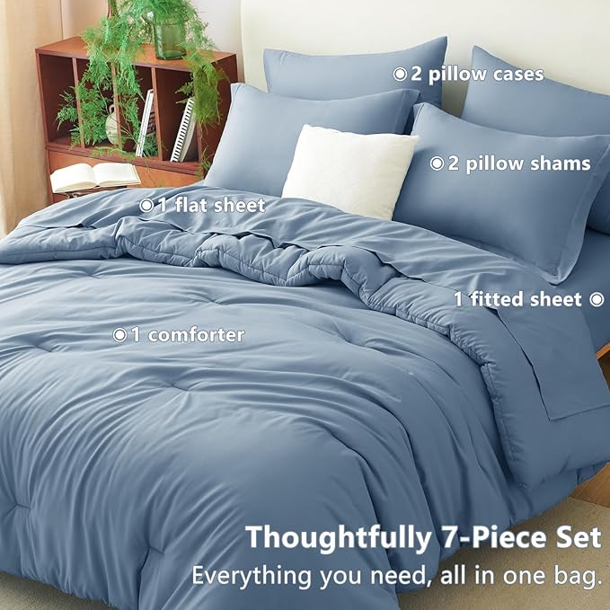 CozyLux Full Size Comforter Sets Grayish Blue, 7 Pieces Bed in a Bag Full Comforter Set with Sheets, Dusty Blue Luxury Soft Bedding Set with Down Alternative Comforter, Sheets, Pillowcases & Shams