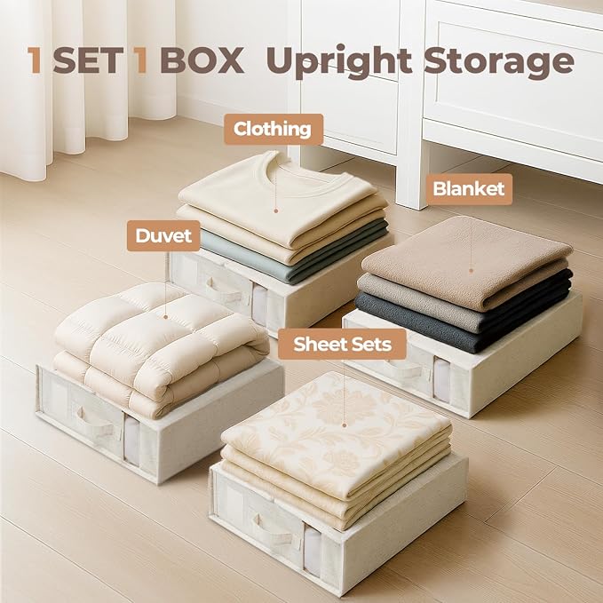 8Pack Linen Sheet Organizers for Linen Closet - King/Queen Size Bedding Storage Boxes with Clear Window | Foldable, Dustproof Sheet Storage Organizer for Blankets & Sheet Sets,Off-white - Image 6