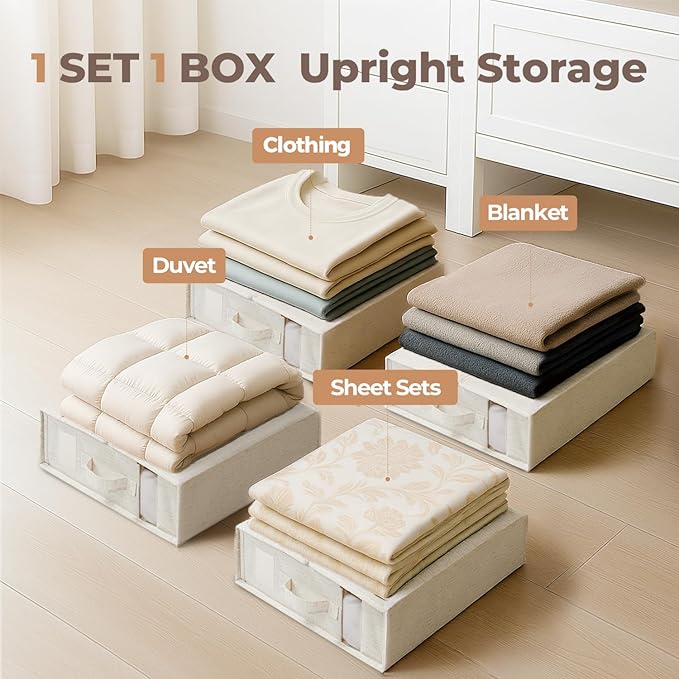 12Pack Linen Sheet Organizers for Linen Closet - King/Queen Size Bedding Storage Boxes with Clear Window | Foldable, Dustproof Sheet Storage Organizer for Blankets & Sheet Sets,Off-white - Image 6