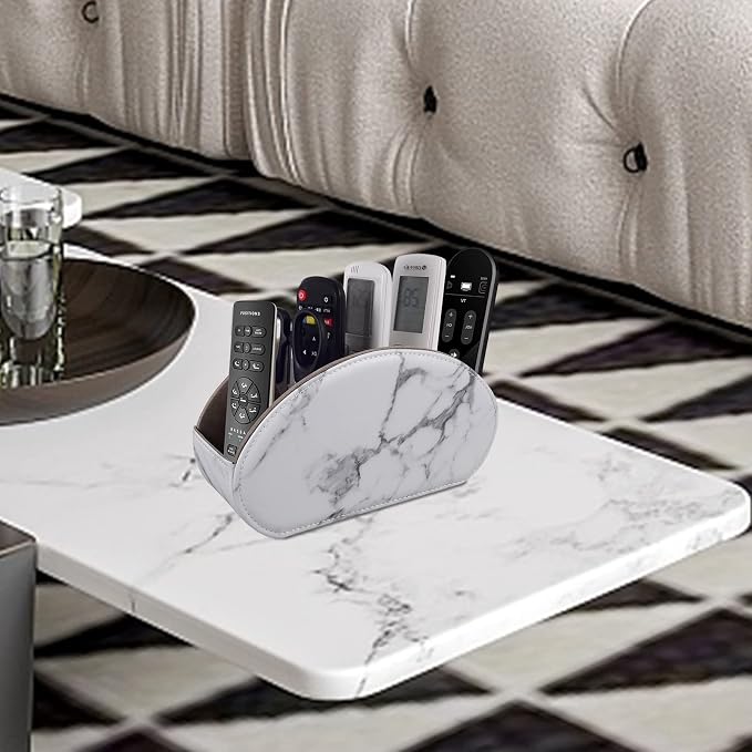 Leather Remote Control Holder with 5 Compartments TV Remote Caddy Store Box,Desktop Organizer for Controller, Glasses and Media Player,Pen Storage (White) - Image 2