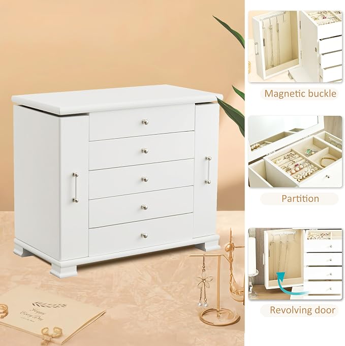White 5 Layer Huge Jewelry Box,Top With Mirror Wooden Jewelry Organizer Box,With 8 Hook And Velvet Lining Antique Jewelry Box For Women,For Watch Necklace Ring Earring Storage Gifts - Image 6