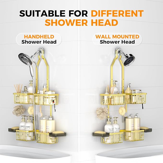 REINHARDT Aluminum Shower Caddy Hanging Adjustable Shower Caddy, Rustproof Hanging Shower Organizer with Hooks Soap Holders, Over Shower Head Caddy for Handheld Showerhead, Gold - Image 6